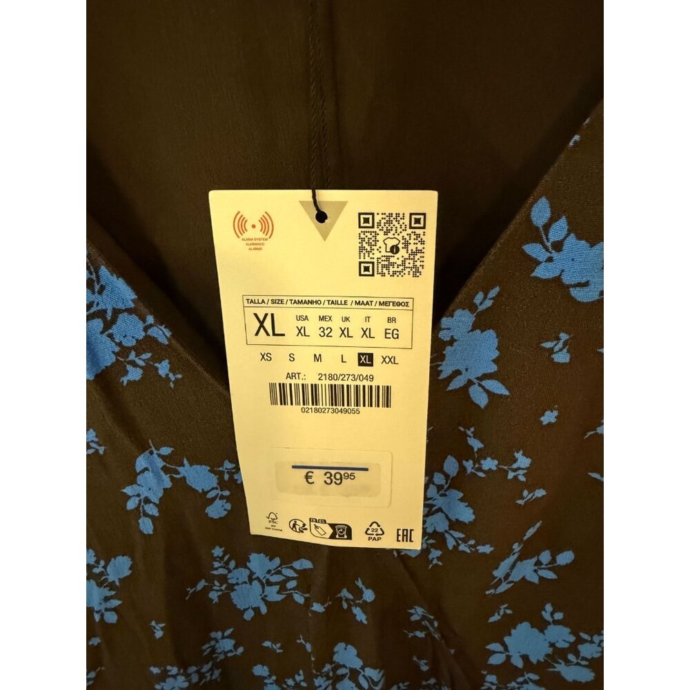 ZARA BLUE DARK BROWN FLORAL PRINT V-NECK MINI RUFFLED HEM DRESS SZ L NWT - Picture 5 of 13